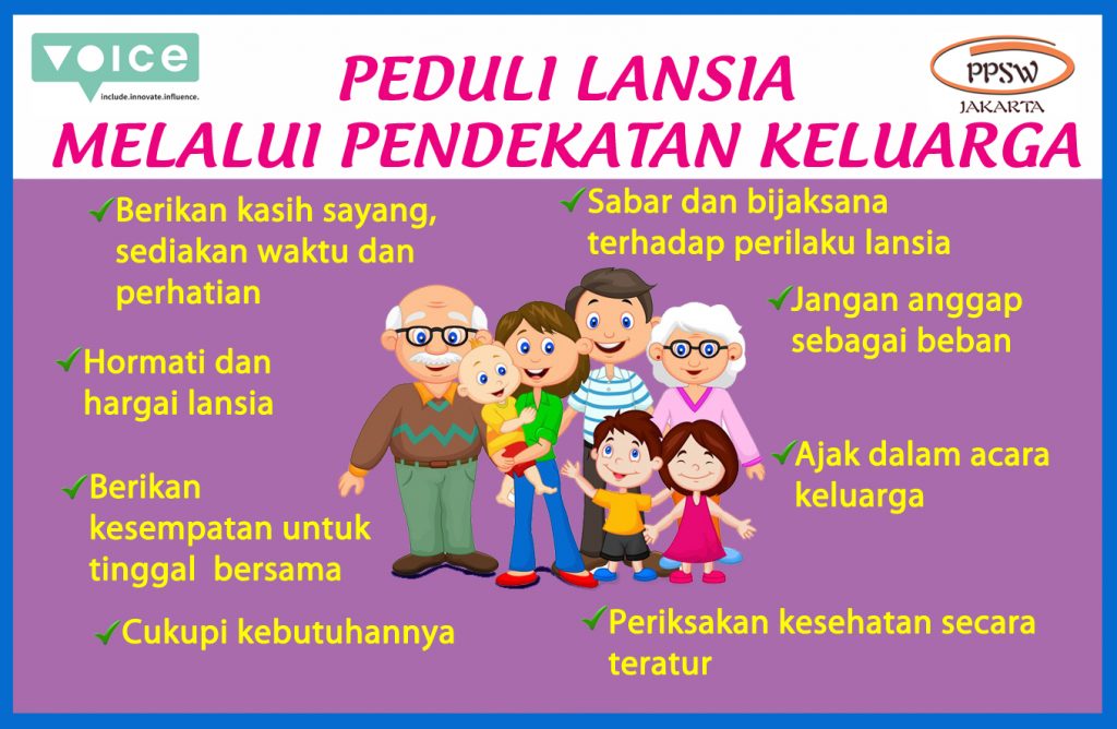 A sticker produced by PPSW Jakarta advocating for family care of the elderly. The image shows a family of 7 with 2 elderly persons, 2 middle-aged persons, and 3 children.